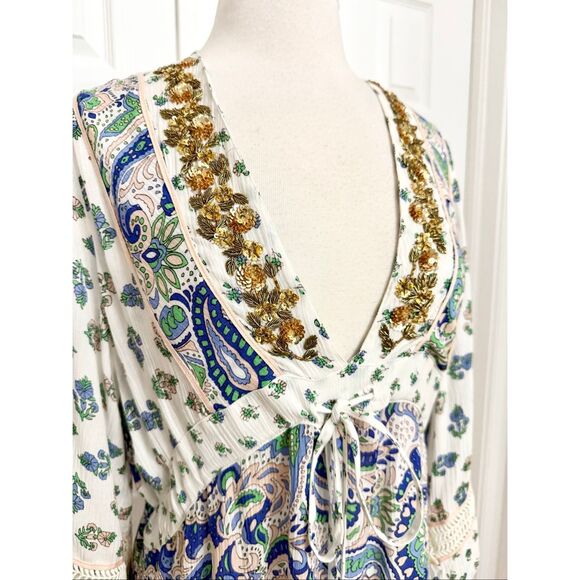 Miss June Paris Jenny Paisley Sequin Embroidered V-Neck Tassel Mini Dress OS - Picture 2 of 8